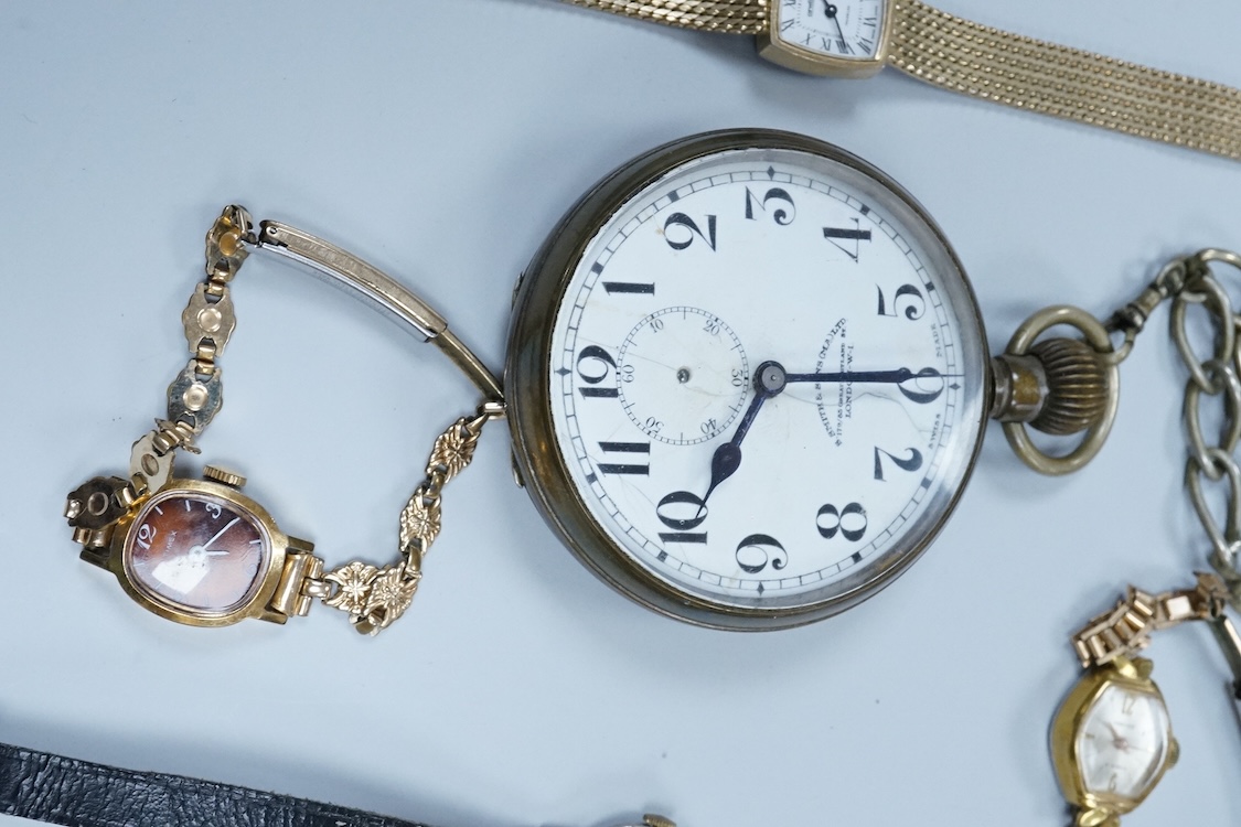 A brass cased S. Smith & Son open faced pocket watch with Roman dial, one other pocket, a quantity of assorted lady's wrist watches including Avia, Ingersoll and Timex, together with a gentleman's steel Zeitner Aqua Spor